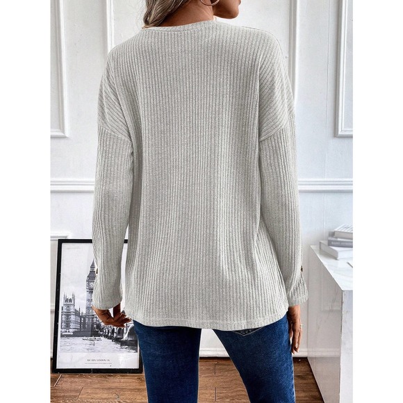 preppy Half Button Drop Shoulder ribbed Knit long sleeve Tee - Picture 8 of 11